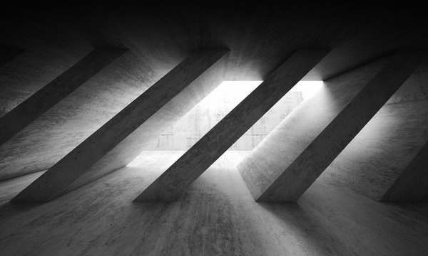 3 d dark concrete interior with diagonal columns