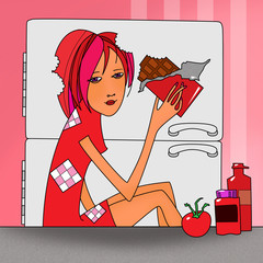 Headache, Girl with head bitten eating chocolate sitting near the refrigerator