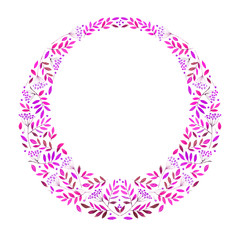 Greeting card with pink rowan and branches.Frame with ashberry.Watercolor hand drawn illustration.White background.