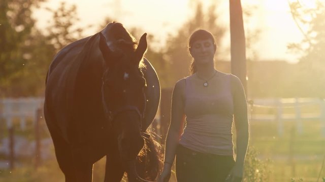 CLOSE UP: Smiling girl leading a horse from field into barn at golden sunset
