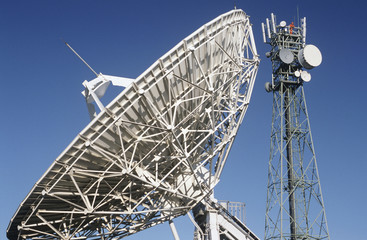 Telecommunications satellite dish and communications towers