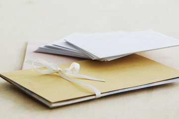 Envelopes and paper stationery elevated view close up studio shot