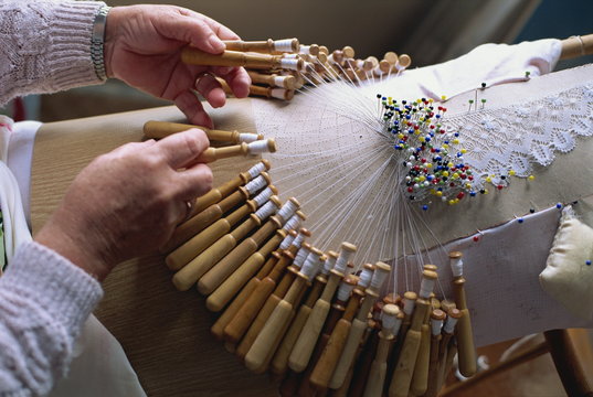 Close-up of the hands of a palilleira, a lace maker, in the famous lace making village of Camarinas in Galicia, Spain