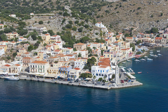 View over the picturesque waterfront, Gialos (Yialos), Symi (Simi), Rhodes, Dodecanese Islands, South Aegean, Greece