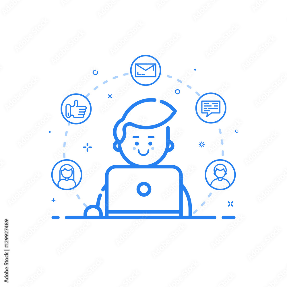 Poster vector illustration of blue icon in flat line style. linear cute and happy man with laptop. graphic 