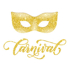 Golden mask of gold glitter Mardi Gras, Venetian masquerade