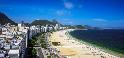 Aerial view of the Copacabana Beach, Forte Duque de Caxias, Sugarloaf Mountain, deep green and blue...