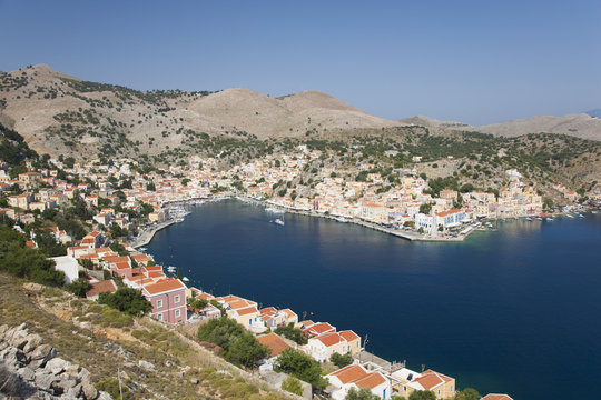 View over the harbour from hillside, Gialos (Yialos), Symi (Simi), Rhodes, Dodecanese Islands, South Aegean, Greece