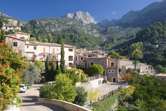 Houses on hillside beneath Puig Major, the island's highest peak, Fornalutx near Soller, Mallorca, Balearic Islands, Spain