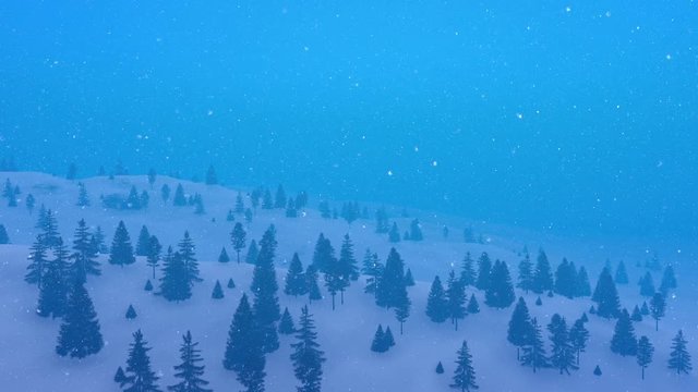 Aerial view of winter fir tree forest high in snowy mountains in bad weather with heavy snowfall and thick fog during dusk or misty night. Realistic 3D animation rendered in 4K