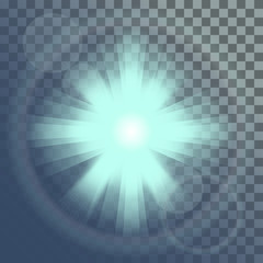 Light flare or star explosion with glowing sparkles and lens flare effect. Shining sunburst light effect on transparent background. Vector illustration for effect decoration with ray sparkles.