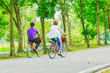 Fototapeta premium Unidentified men and women cycling and walking in the park