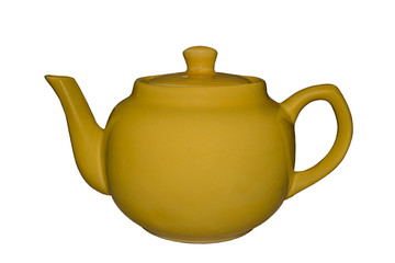 Yellow ceramic teapot on white background closeup