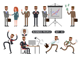 Create a scene. Working people on white background. Vector illustration. Different movements. Business people set 43.