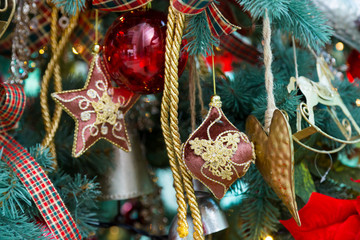 Ornaments on the Christmas tree. Toys the