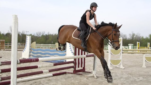 SLOW MOTION: Young showjumper girl jumping over the fence with brown bay horse