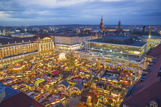 Striezelmarkt Christmas market at night in Dresden, Germany