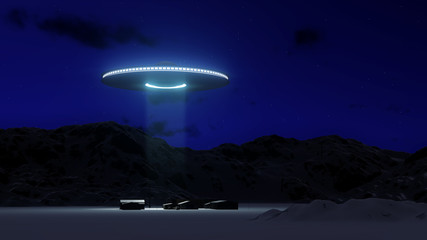 3d UFO over industrial zone, factory, manufacturing, warehouse