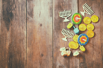 Obraz na płótnie Canvas jewish holiday Hanukkah with wooden dreidels colection