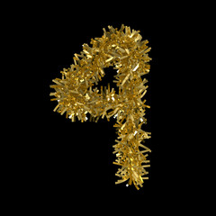Number Four made from Gold Christmas Tinsel Isolated on Black - 3D Illustration