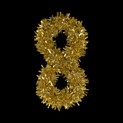Number Eight made from Gold Christmas Tinsel Isolated on Black - 3D Illustration
