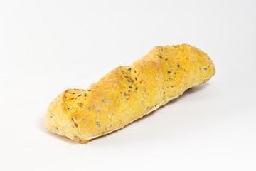 Bread with sesame and sunflower seeds on a white