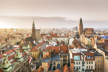 Fototapeta na wymiar Panorama of Wroclaw Old Town at sunset, Poland