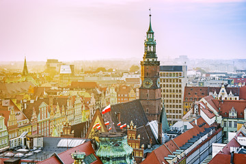 Naklejka premium Panorama of Wroclaw Old Town at sunset, Poland