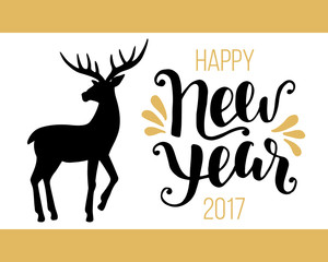 Happy New Year 2017 card with hand drawn vintage deer