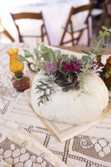 Fall Wedding Centerpieces with Pumpkins and Vintage Pieces
