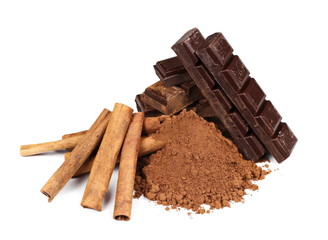 chocolate bars with cinnamon sticks and pile cocoa powder isolated on white  