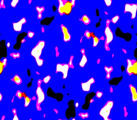 Seamless abstract background in blue, pink,yellow and white,dark spots and lines, holes and blots with long tails and meek, gentle and spirited