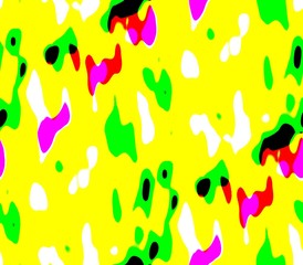 Seamless abstract background in black, pink, green , yellow and white,red  spots and lines, holes and blots with long tails and meek, gentle and spirited