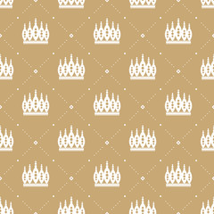 Seamless pattern in retro style with a white crown on a gold background. Can be used for wallpaper, pattern fills, web page background,surface textures. Vector Illustration.