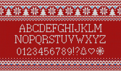 Christmas font. Knitted latin alphabet on seamless knitted pattern with snowflakes and fir. Nordic fair isle knitting, winter holiday sweater design. Vector Illustration.