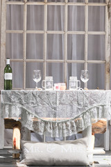 Rustic Wedding Decor - Sweetheart Table with Vintage Lace Tablecloth
