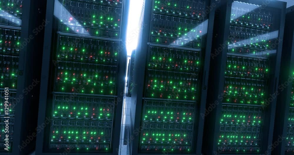 Poster 8k 4k data center cloud servers and storage. web server. racks and lights.