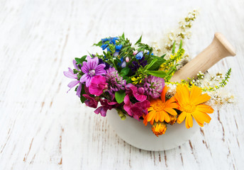 wild flower and herb leaf in mortar