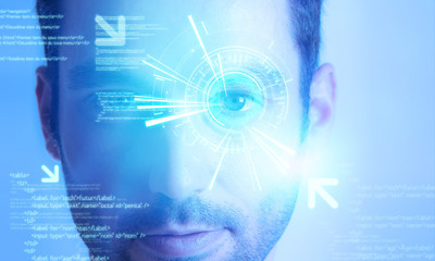 Futuristic technology user interface with an user eye on the bac