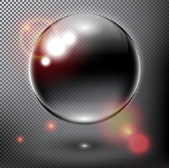 Black glass sphere. Transparent glass ball. Isolated with realistic shine and shadow on the dark background. Vector illustration. Eps10.