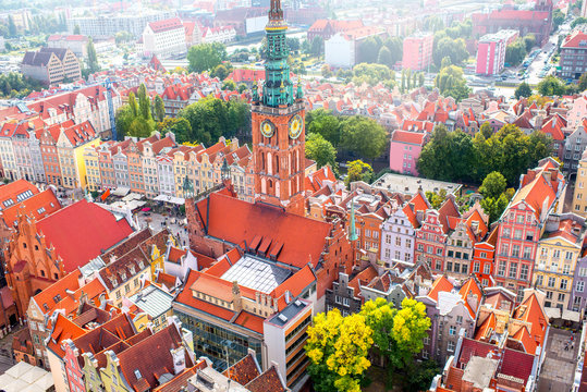 Aerial cityscape view on the old town with town hall building in Gdansk, Poland