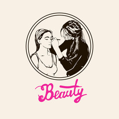 Woman visagist makeup artist paints on the face of his client. Illustration 
