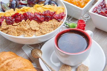 French breakfast on a wooden tray