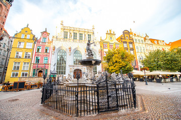 Famous Neptune fountain in the center of the old town of Gdansk, Poland