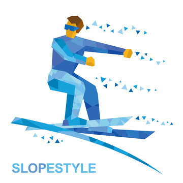 Winter sports - Ski Slopestyle. Freestyle skier jumps an obstacle. Sportsman performs a trick. Flat style vector clip art isolated on white background.