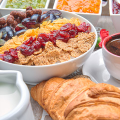 French breakfast on a wooden tray