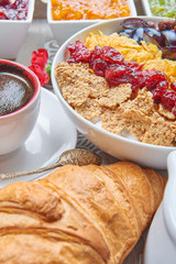 French breakfast on a wooden tray
