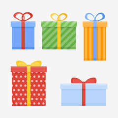 Set of Christmas gifts or present boxes with ribbon isolated on white background. Flat style icons. Vector illustration.