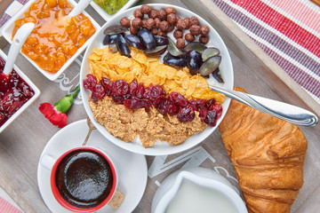 French breakfast on a wooden tray