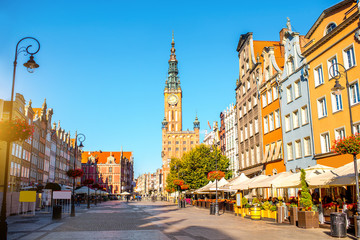 Morning view on the central street with town hall in the center of the old town of Gdansk, Poland